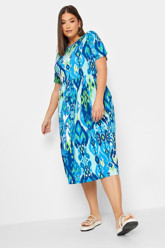 YOURS Curve Blue Abstract Print Frill Sleeve Smock Dress 1