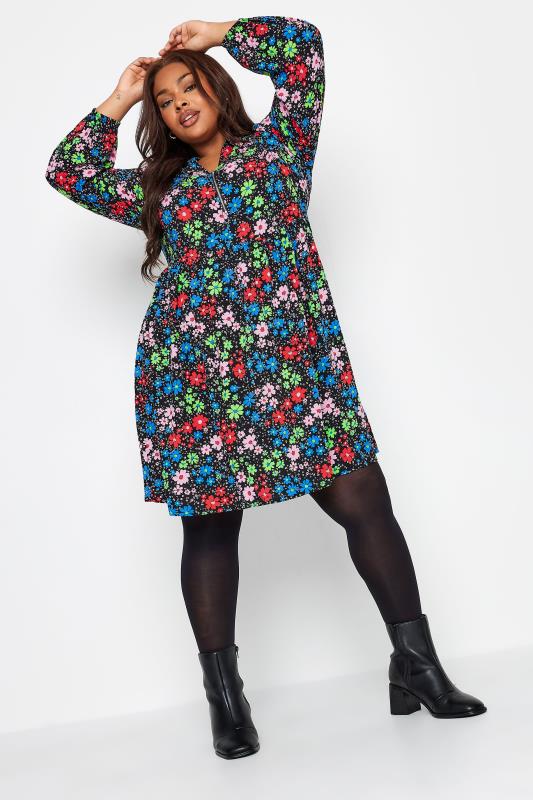 YOURS Plus Size Blue Floral Print Zip Detail Smock Dress | Yours Clothing 1
