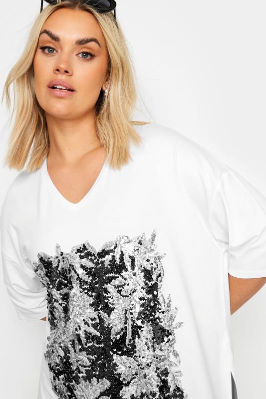 YOURS Plus Size White Abstract Print Sequin Embellished Top | Yours Clothing 3