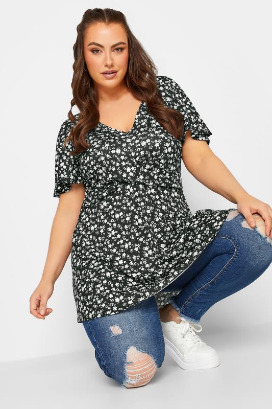 Plus Size  LIMITED COLLECTION Curve Black Ditsy Print Twist Front Top