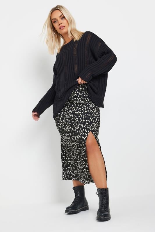 YOURS Plus Size Black Abstract Print Textured Midaxi Skirt | Yours Clothing  2