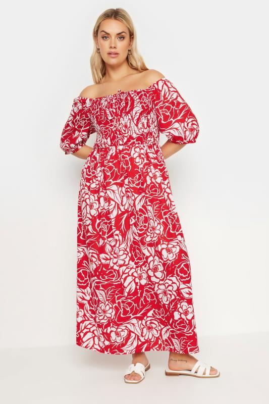 YOURS Plus Size Red Abstract Floral Print Shirred Maxi Dress | Yours Clothing 1