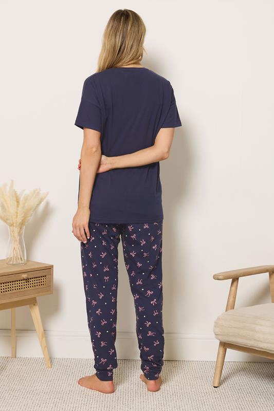LTS Tall Women's Navy Blue Bow Print Cotton Cuffed Pyjama Set | Long Tall Sally 2