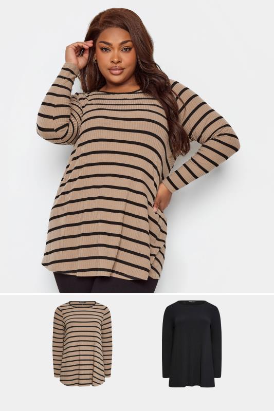  Grande Taille YOURS Curve 2 PACK Black & Brown Stripe Ribbed Swing Top