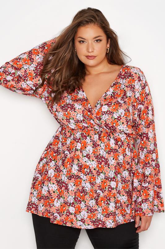LIMITED COLLECTION Plus Size Orange Floral Print Wrap Top | Yours Clothing 1