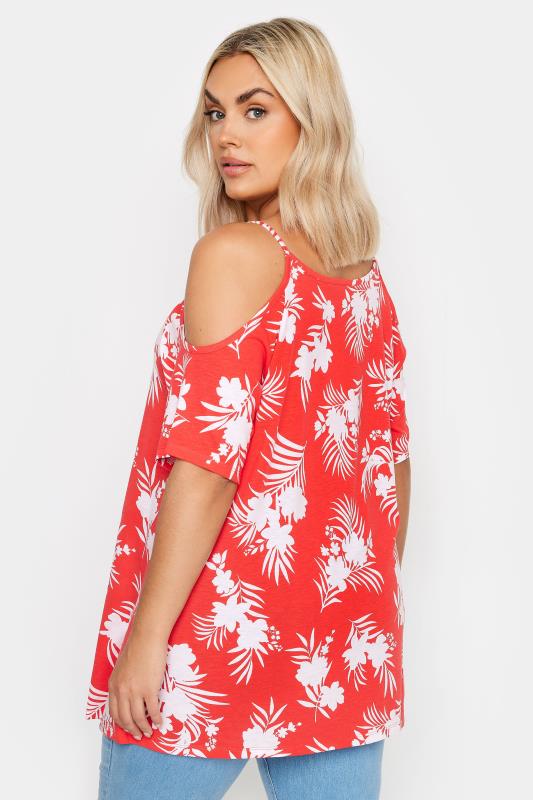YOURS Plus Size Red Tropical Print Cold Shoulder Top | Yours Clothing 3