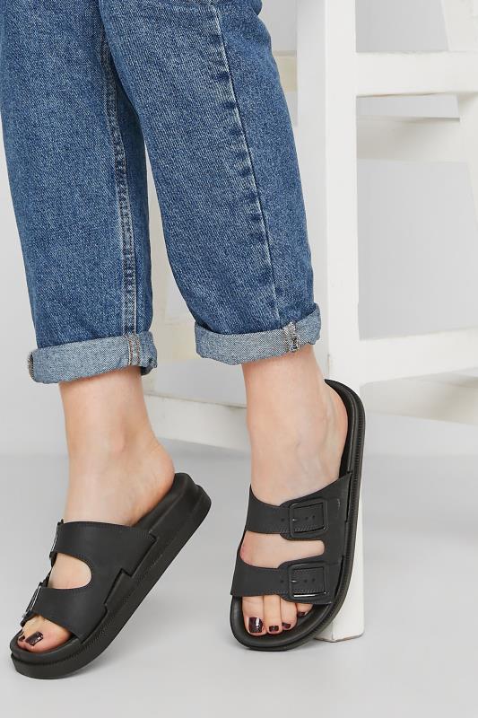 Plus Size  PixieGirl Black Double Buckle Slider Sandals In Standard D Fit