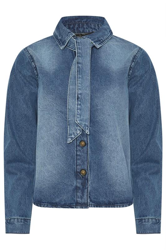 PixieGirl Petite Women's Blue Denim Tie Neck Cotton Shirt | PixieGirl 5