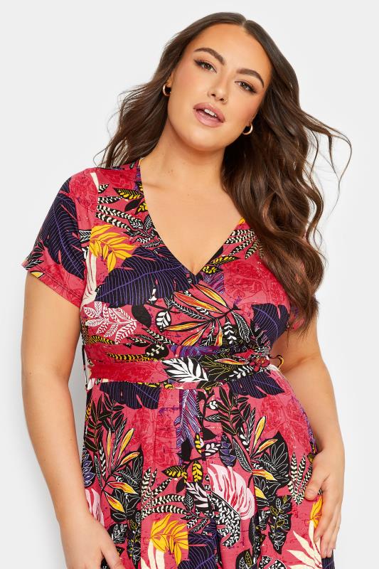 YOURS Curve Plus Size Hot Pink Leaf Print Wrap Maxi Dress | Yours Clothing  4