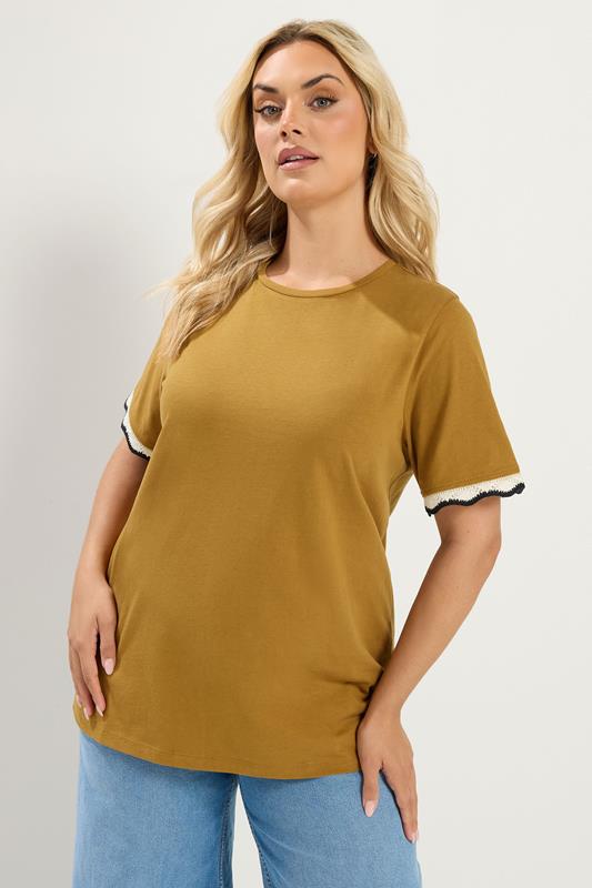 YOURS Plus Size Yellow Metallic Crochet Trim T-Shirt | Yours Clothing  1