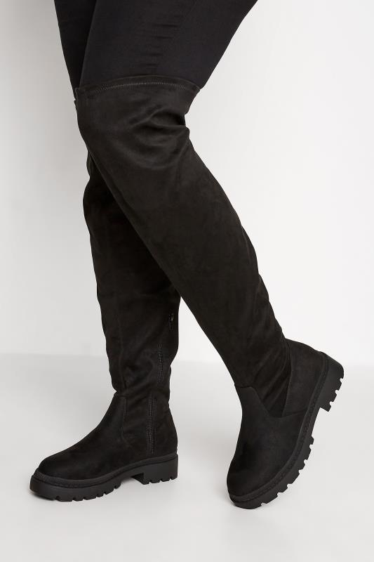 LIMITED COLLECTION Black Suede Over The Knee Chunky Boots In Wide E Fit & Extra Wide EEE Fit 1