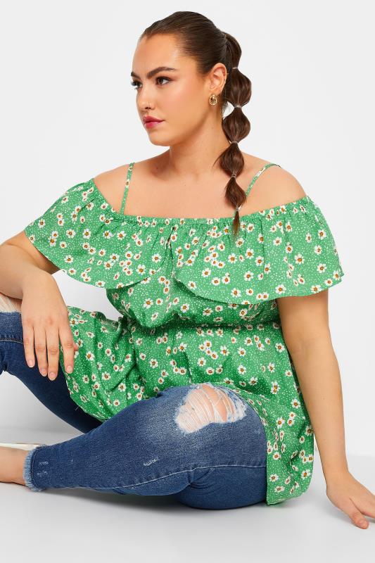 LIMITED COLLECTION Plus Size Green Floral Frill Cold Shoulder Top | Yours Clothing 4