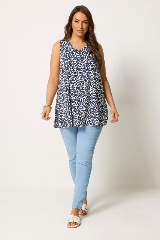 YOURS Curve Navy Blue Abstract Print Front Pleat Vest Top | Yours Clothing 1