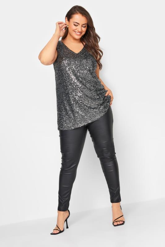 YOURS LONDON Plus Size Silver Sequin Swing Vest Top | Yours Clothing 3