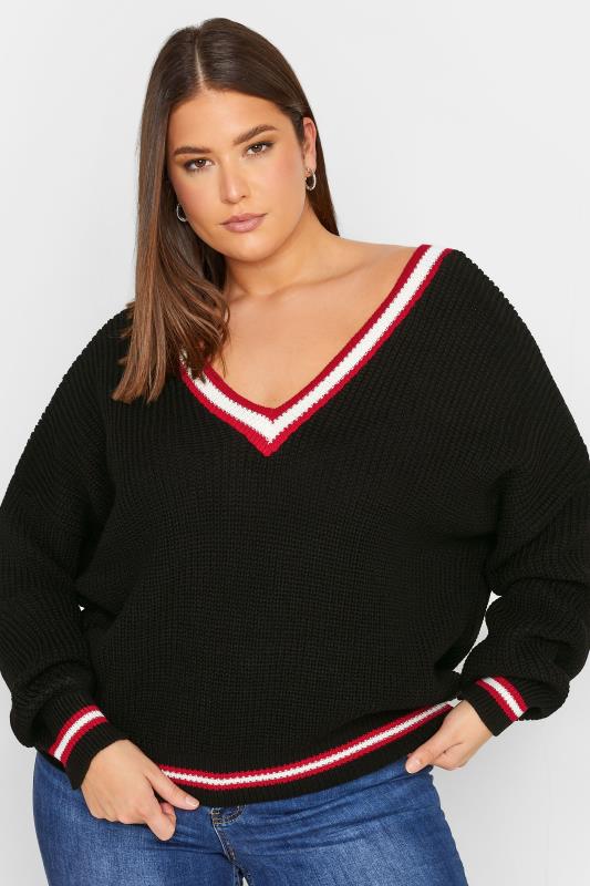  Tallas Grandes LTS Tall Black & Red V-Neck Knitted Jumper