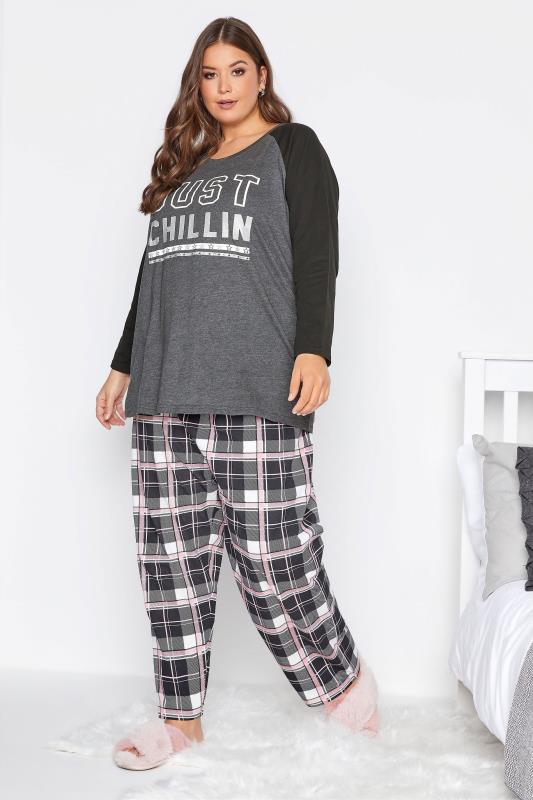 Curve Black & Pink Glitter Check Print Pyjama Bottoms 6