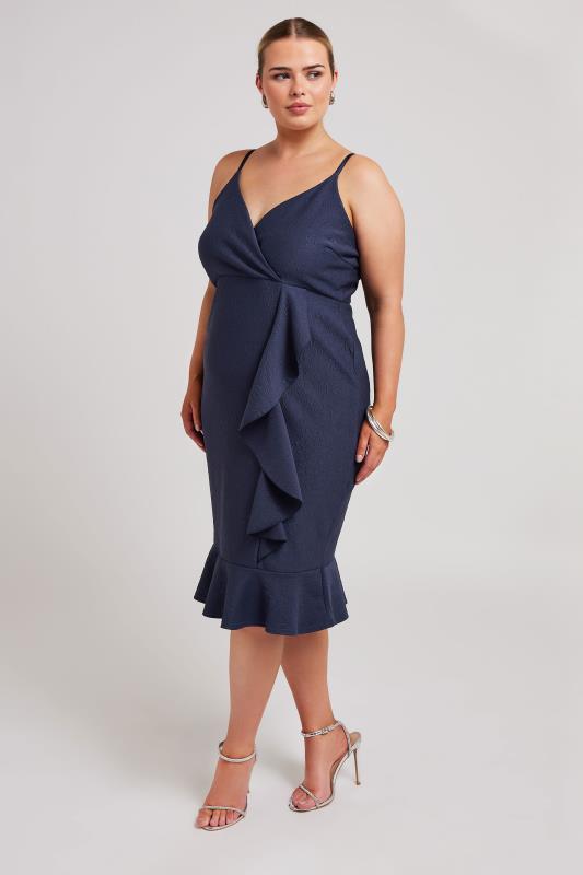 YOURS LONDON Plus Size Navy Blue Ruffle Jacquard Dress | Yours Clothing 2