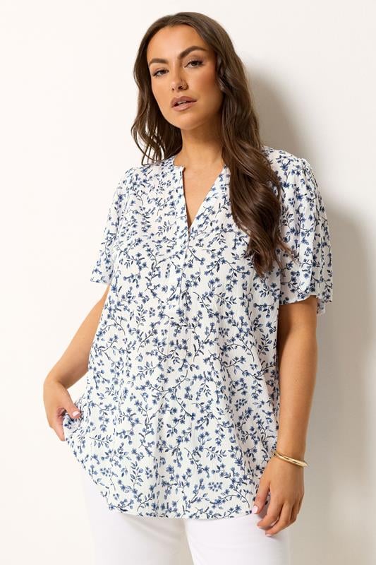  YOURS Curve White Ditsy Floral Notch Neck Top