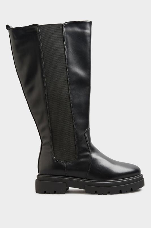 LIMITED COLLECTION Black Elasticated Knee High Cleated Boots In Extra Wide EEE Fit 3