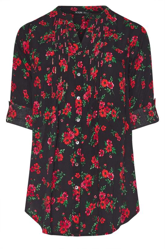 YOURS Plus Size Black & Red Floral Print Sequin Embellished Pintuck Blouse | Yours Clothing 5