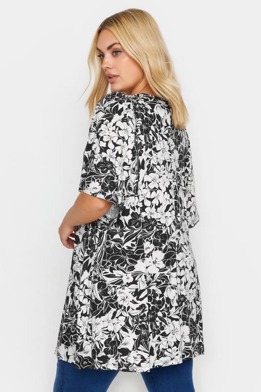 YOURS Plus Size Black Floral Print Angel Sleeve Pleated Top | Yours Curve 3