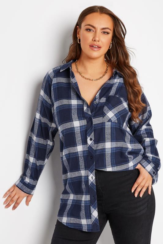Plus Size  YOURS Curve Navy Blue Check Brushed Raglan Shirt