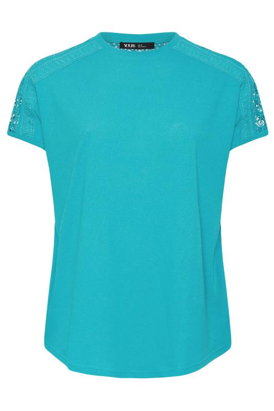 YOURS Plus Size Blue Crochet Detail Linen T-Shirt | Yours Clothing 5