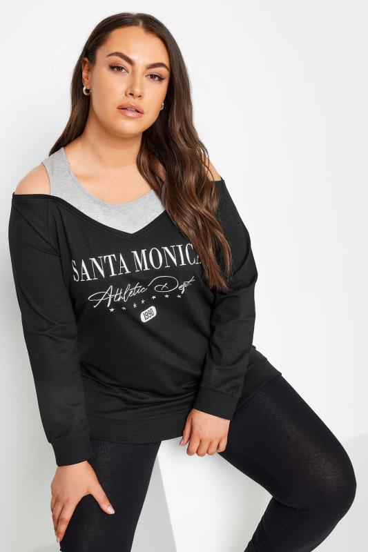 Plus Size  YOURS Curve Black 'Santa Monica' Print Bardot Top