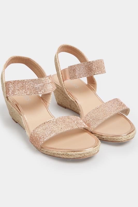  Rose Gold Diamante Embellished Espadrille Wedges In Wide E Fit & Extra Wide EEE Fit