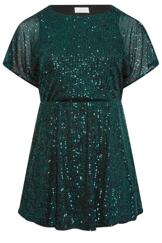 YOURS LONDON Plus Size Dark Green Sequin Peplum Top | Yours Clothing 5