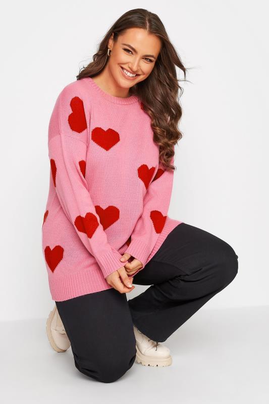 Großen Größen  Curve Pink Heart Jacquard Knitted Jumper