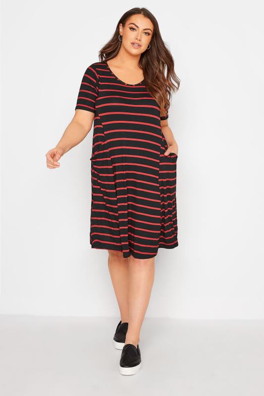 Curve Black & Red Stripe Drape Pocket Dress 1