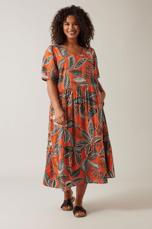 EVANS Plus Size Orange Leaf Print Linen Midi Dress | Evans 1