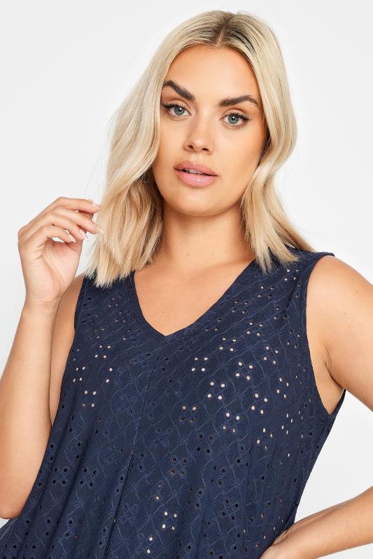 YOURS Plus Size Navy Blue Broderie Anglaise Swing Vest Top | Yours Clothing 4