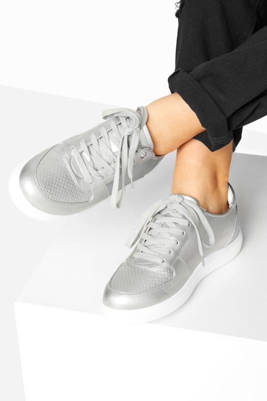 Silver Vegan Leather Lace Up Trainers In Extra Wide EEE Fit_M.jpg