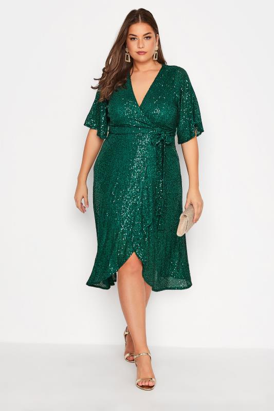 YOURS LONDON Plus Size Green Sequin Embellished Double Wrap Dress | Yours Clothing 2