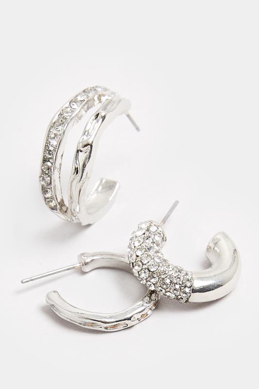 3 PACK Silver Diamante Hoop Earrings | Yours Clothing 3