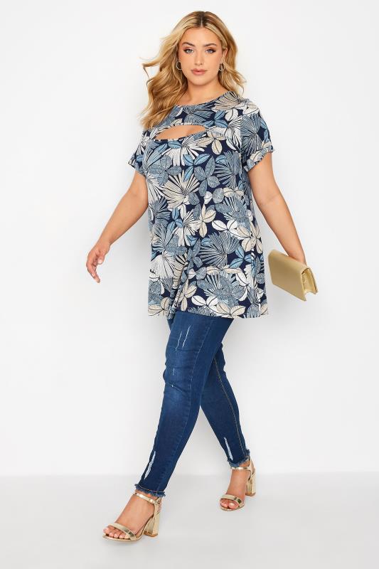 Plus Size Blue Floral Cut Out Top | Yours Clothing  2