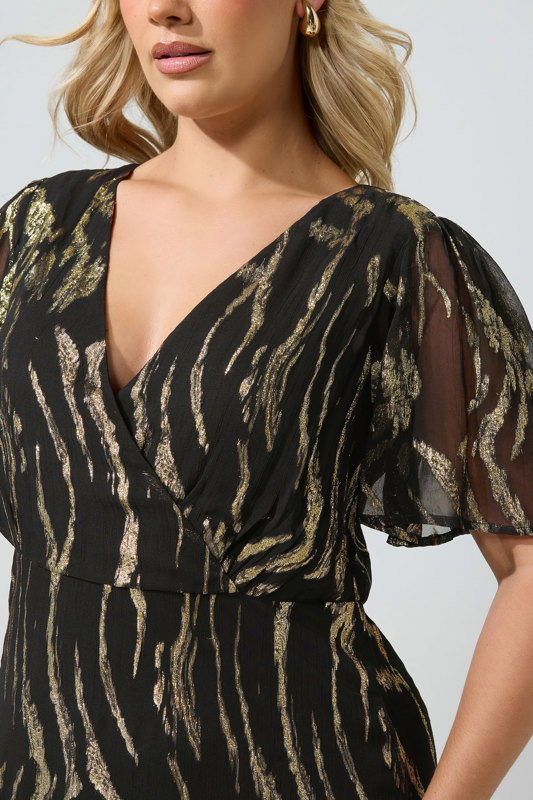 gold wrap dress plus size YOURS LONDON Black & Metallic Ruffle elegant gold plus size dress