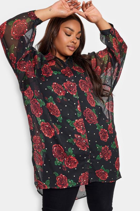 YOURS Curve Black Rose Print Dipped Back Shirt | Yours Clothing 5