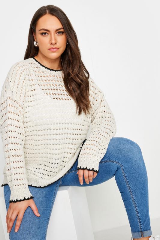 YOURS Plus Size Ivory White Contrast Hem Crochet Jumper | Yours Clothing 1