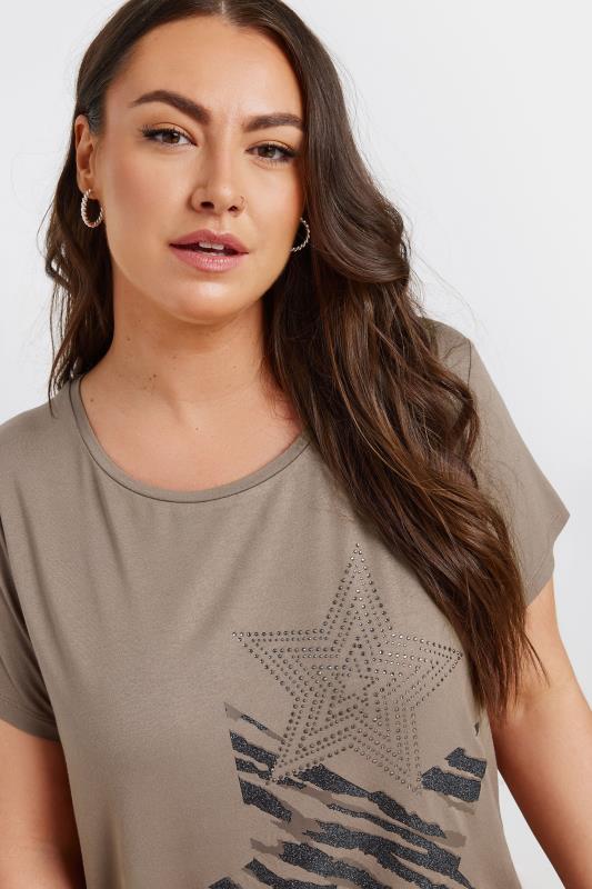 YOURS Plus Size Beige Brown Glitter Star Print T-Shirt | Yours Clothing 4