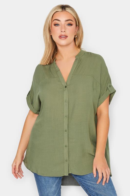 YOURS Curve Plus Size Khaki Green Button Through Shirt | Yours Clothing  1
