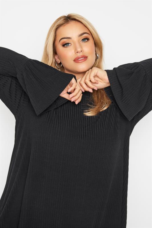 Black Ribbed Flare Long Sleeve Top 