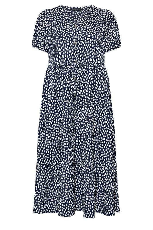 EVANS Plus Size Navy Blue Spot Print Tiered Maxi Dress | Evans 5