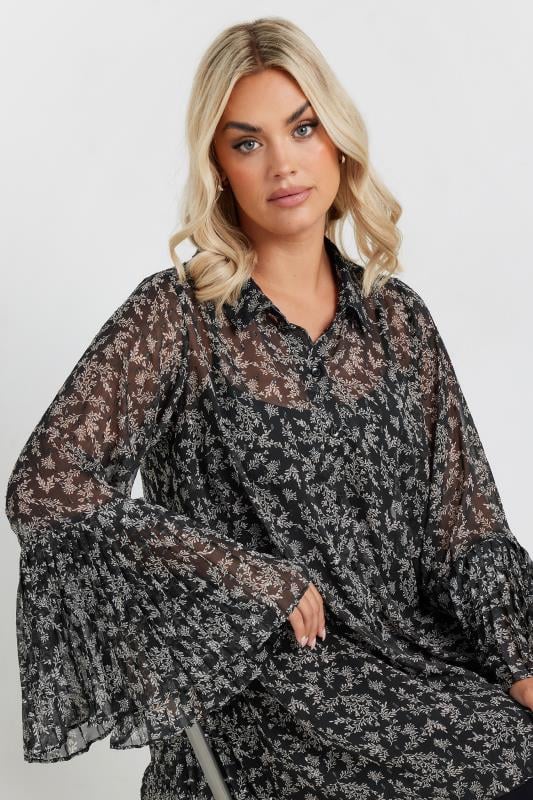 Plus Size  YOURS Curve Black Leaf Print Flared Sleeve Shirt