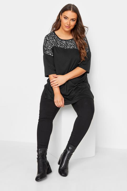 YOURS Plus Size Black Floral Print Panel Top | Yours Clothing 2
