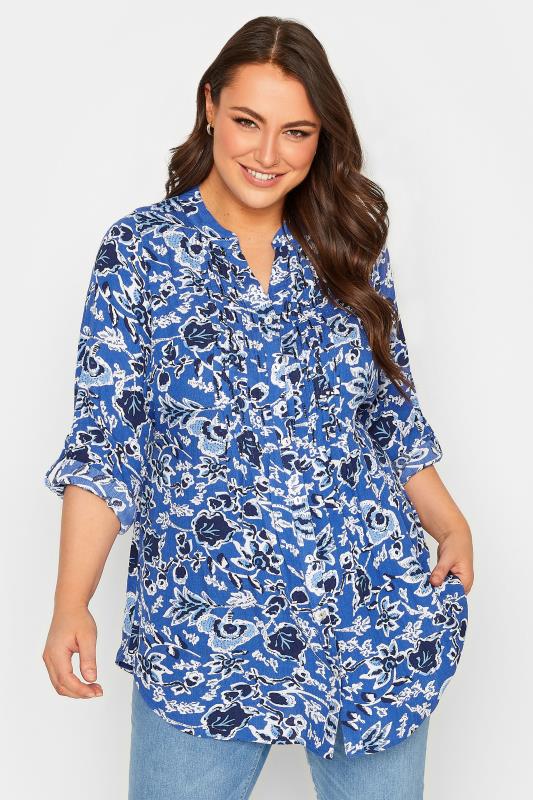 YOURS Plus Size Blue Floral Pintuck Shirt | Yours Clothing 1