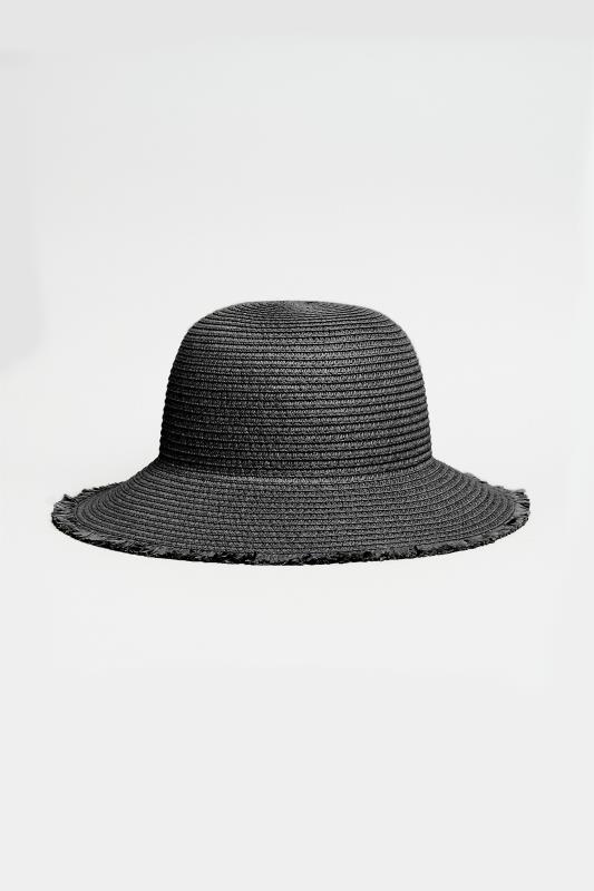 Black Frayed Edge Straw Hat | Yours Clothing  1