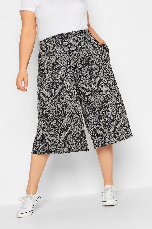 YOURS Curve Black Paisley Print Culottes | Yours Clothing 1
